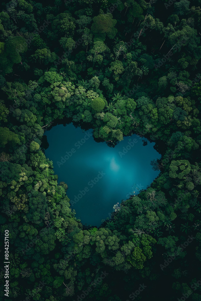 Aerial view of a blue lake in a love-shaped in rainforest