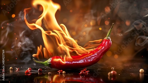 A Fiery Red Chili Pepper Engulfed in Flames photo