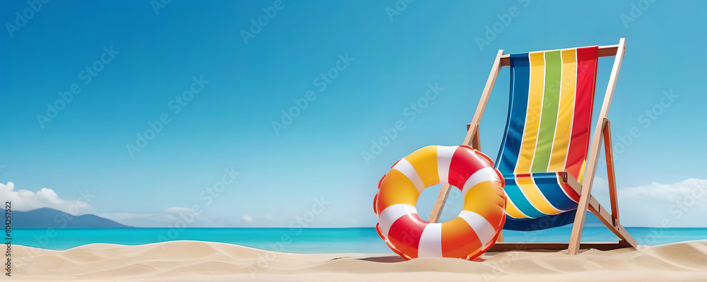 Summer beach holiday concept. A chair and an inflatable swimming ring on sand of beach against the backdrop of the sea and blue sky.