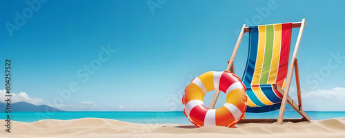 Obraz na płótnie Summer beach holiday concept. A chair and an inflatable swimming ring on sand of beach against the backdrop of the sea and blue sky. w salonie