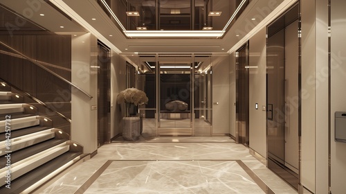 A sleek luxury home with a grand entrance featuring a touchless door and a mirrored ceiling
