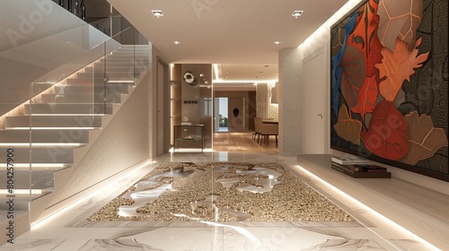 A sleek luxury home foyer with a floor inlay of mother-of-pearl and a modernist tapestry