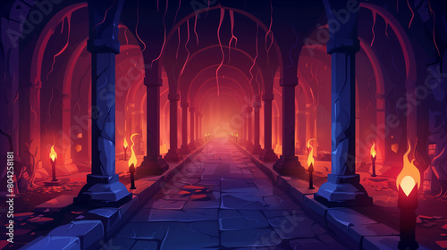 Cartoon illustration of Medieval castle underground endless long catacombs corridor with stone arch and pillars torches, Mystical nightmare concept photo