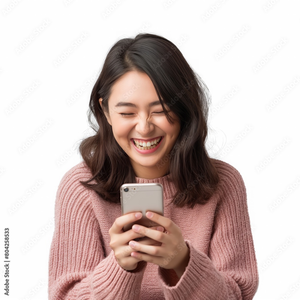 Happy young asian woman using cell phone, cut out Happy young asian woman using cell phone, cut out