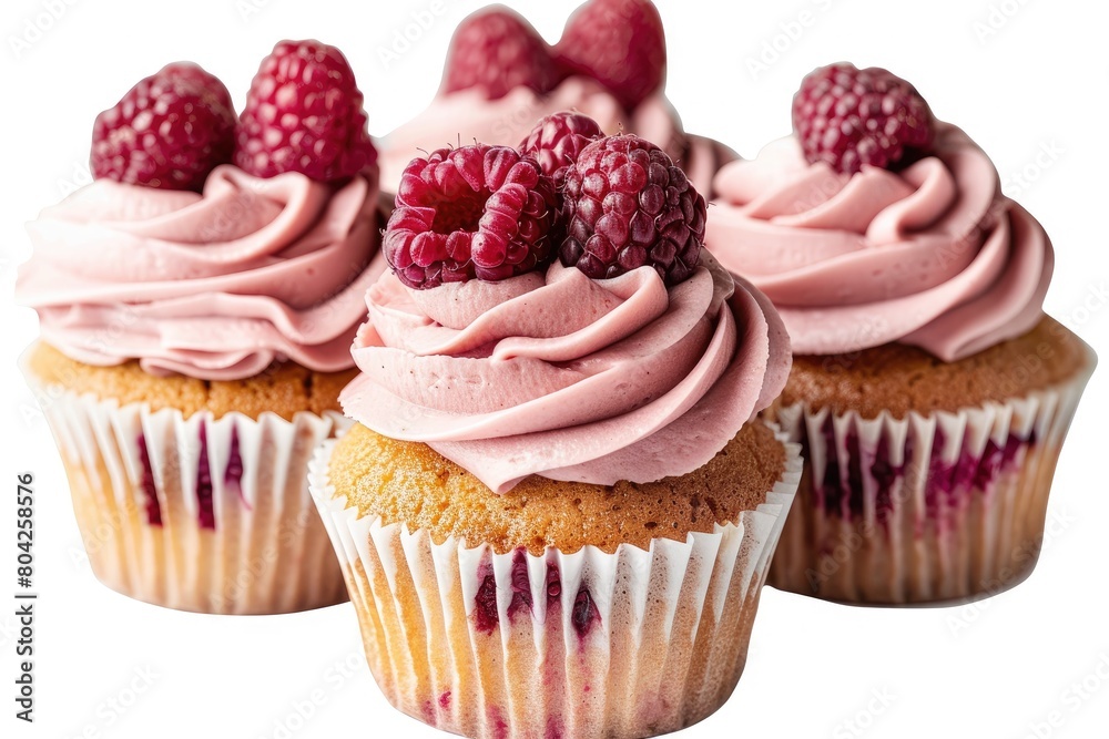 Photos of cupcakes and raspberry foods isolated on a white background. Generative Ai