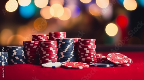 Poker chips, Casino cards game, Internet gambling concept, playing cards in on blurry background. Casino banner.