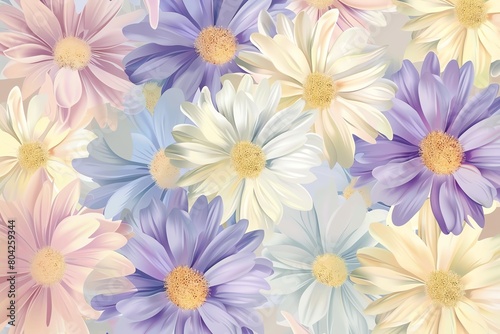 Assorted daisies  vector format  pastel color palette  eyelevel angle  grouped tightly