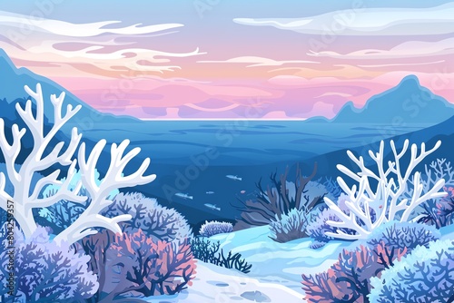 Arctic coral species in cartoon vector style, coldwater corals with frosty hues, panoramic ocean view photo