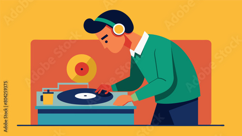 Focused and intent a person uses a record cleaning machine to deeply clean each groove of a vinyl record rejuvenating its sound quality. Vector illustration