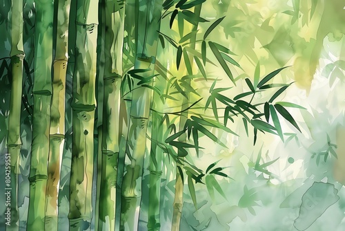 Bamboo stalks  vector illustration with watercolor shading  deep greens  vertical perspective