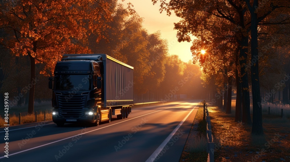 A big driving fast truck with a red trailer and other cars on a countryside road with autumn trees against a blue sky with a sunset A big driving fast truck with a red trailer and other cars on a countryside road with autumn trees against a blue sky with a sunset