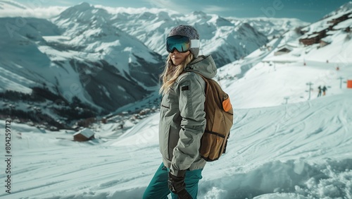 woman - snowboarder against the background of snowy mountains and ski resort.