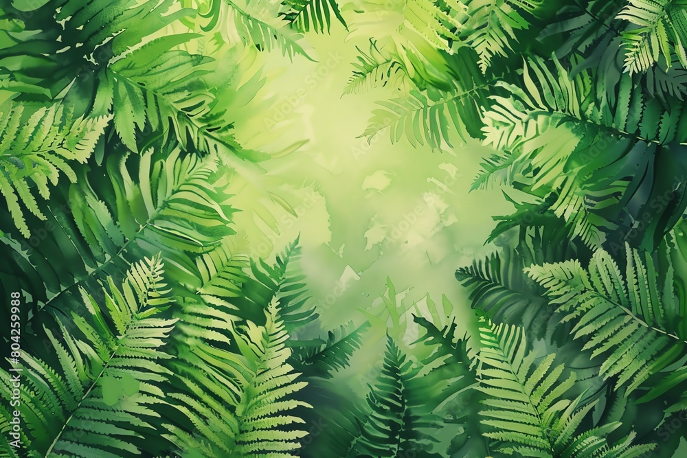Fern leaves, vector design with watercolor effect, lush green, natural light, from above