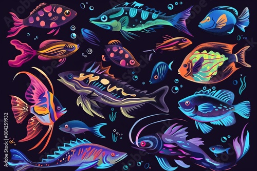 Deepsea fish assortment, vector cartoon, bioluminescent features, dark background, from below © Pniuntg