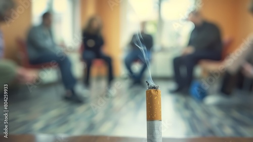 Smoldering cigarette in a waiting room, highlighting passive smoking risks photo