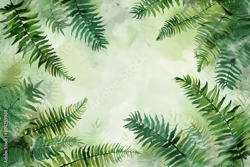 Fern leaves  vector design with watercolor effect  lush green  natural light  from above