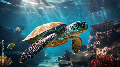 Beautiful sea turtle body portrait swimming in the ocean Star, Location, Happy Birthday 