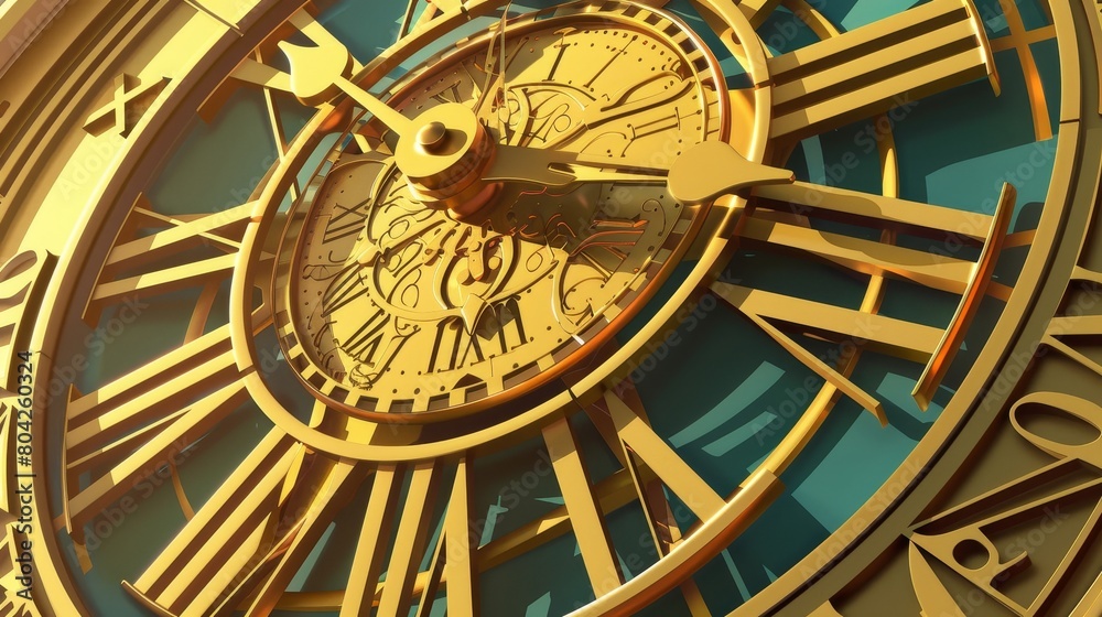 A gold and blue clock with roman numerals showing the time as 10:30 A gold and blue clock with roman numerals showing the time as 10:30
