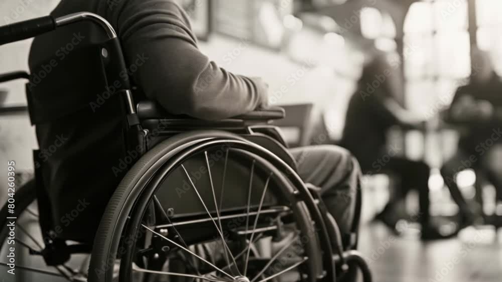 A disabled man is sitting in a wheelchair at cafe. He holds his hands on the wheel. Guy sit in wheel chair at coffee shop. Sad black and white photo. Depression concept. A disabled man is sitting in a wheelchair at cafe. He holds his hands on the wheel. Guy sit in wheel chair at coffee shop. Sad black and white photo. Depression concept.