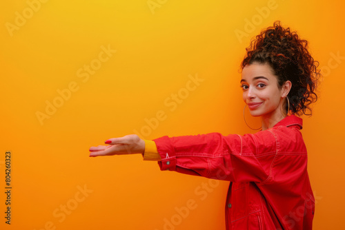 Smiling young woman in a trendy red jacket playfully extending her hand as if presenting or displaying an invisible product against a vibrant orange backdrop