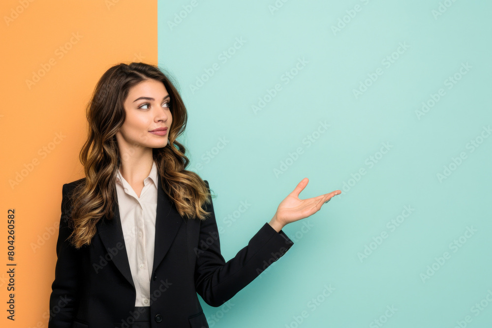 Confident businesswoman in a suit gestures with an open hand against a split orange and teal background, suggesting a presentation or the introduction of an idea or product Confident businesswoman in a suit gestures with an open hand against a split orange and teal background, suggesting a presentation or the introduction of an idea or product
