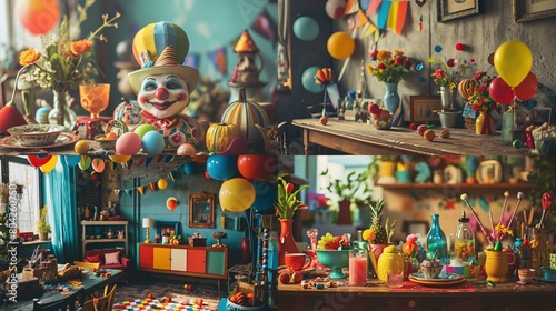 Decorating spaces with comical props and setups for an entertaining April Fools' Day. Copy Space © Dennis
