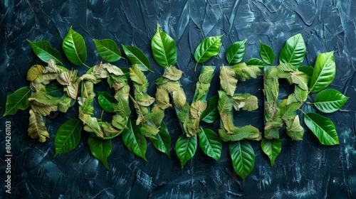 The word power is creatively spelled out with leaves against a dark background, creating a bold and nature-inspired visual representation photo