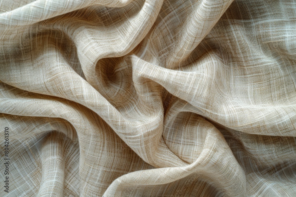 Detailed close-up of a beige linen fabric, showing its texture and weave pattern up close