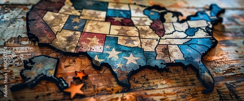 Map of the United States filled with stars and stripes. , professional photography and light
