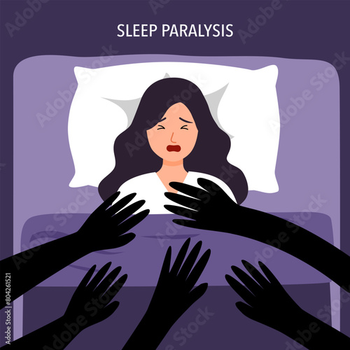Sleep paralysis. Woman cannot move and screams due to sleep paralysis.