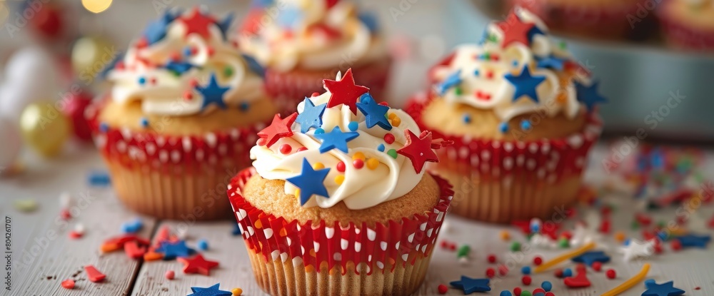 Miniature flag cupcakes with edible stars , professional photography and light