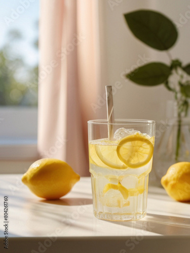 Glass of fresh made lemonade on the table, summer refreshing drink, detox, diet and healthy lifestyle concept. 