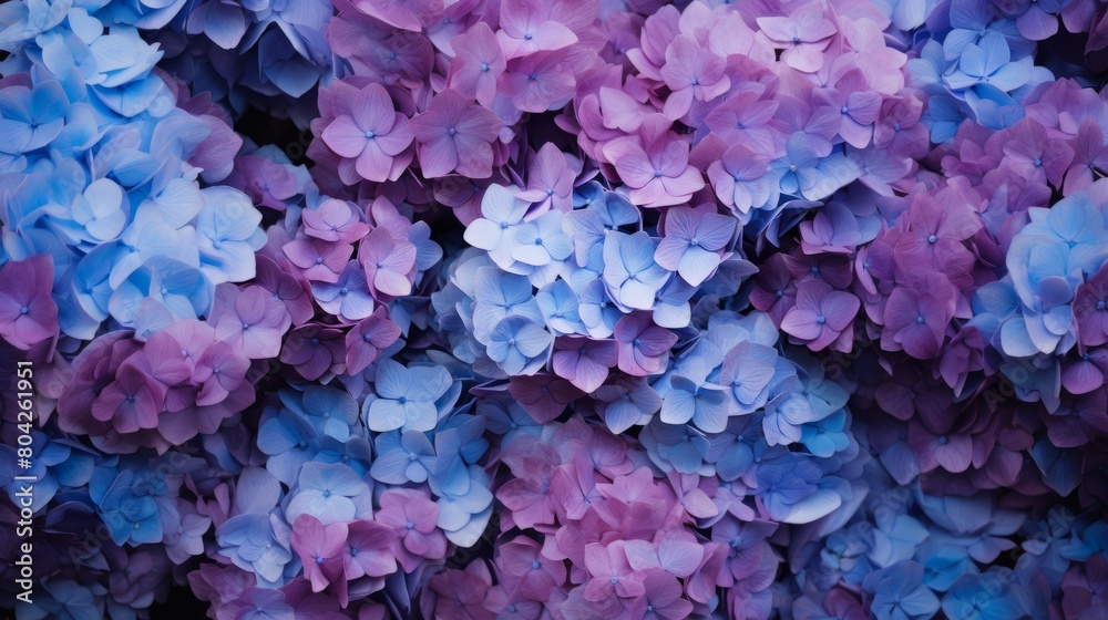 Selective focus on beautiful bush of blooming blue, purple Hydrangea or Hortensia flowers (Hydrangea macrophylla) and green leaves under the sunlight in summer. Natural background.