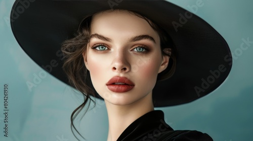 A timeless portrait of a model, the black hat perched jauntily atop her head, framing her meticulously styled hair and makeup, evoking a blend of classic glamour and modern sophistication. photo