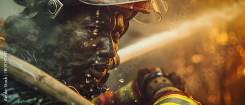 The creative portrait of a brave African American firefighter using a firehose to fight a forest fire. The African American firefighter holds a high-pressure water hose in his hands, battling photo