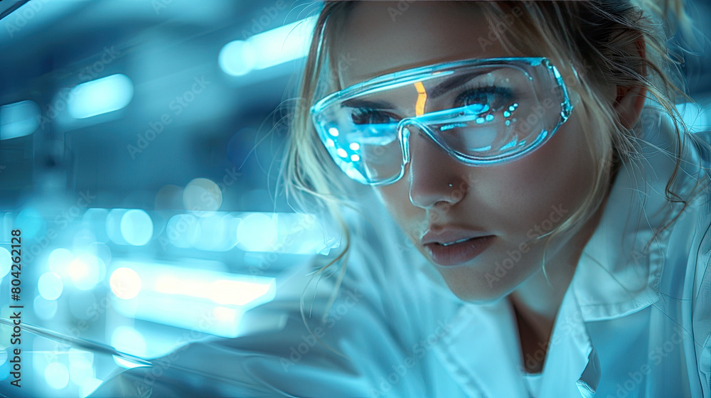 A beautiful young woman wearing a lab coat and safety goggles looks at a glowing blue beaker. A beautiful young woman wearing a lab coat and safety goggles looks at a glowing blue beaker.