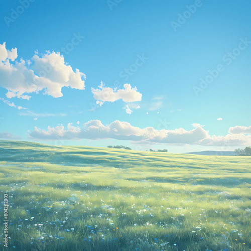An expansive, detailed 3D rendering of a verdant grassland under a clear blue sky, showcasing the tranquility and beauty of nature.