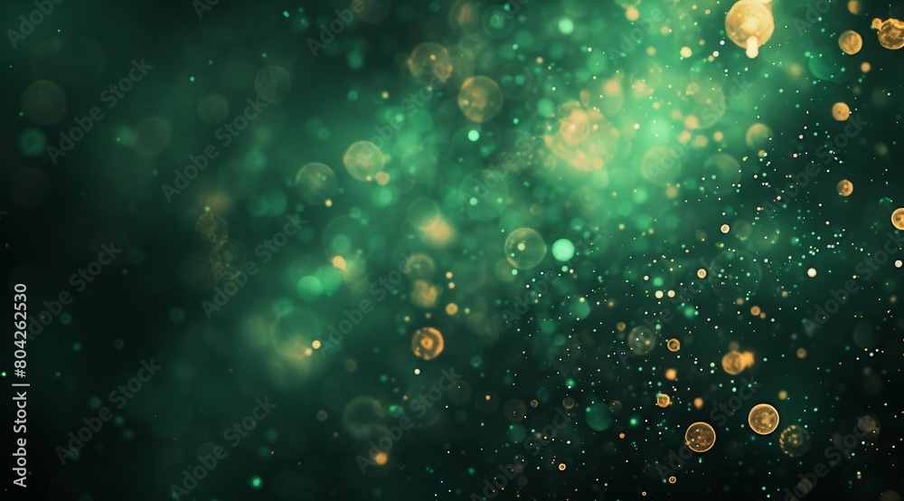 Abstract green particles background with bokeh lights and space for text. Glitter effect on dark background. Shiny glowing stars, stardust or fairy dust wallpaper design in the style of space. Abstract green particles background with bokeh lights and space for text. Glitter effect on dark background. Shiny glowing stars, stardust or fairy dust wallpaper design in the style of space.