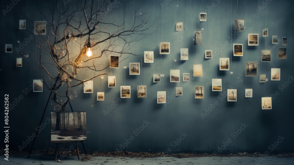 Naklejka premium Designing a photography and memory wall for shared reminiscing. In the spirit of hygge. Copy space.