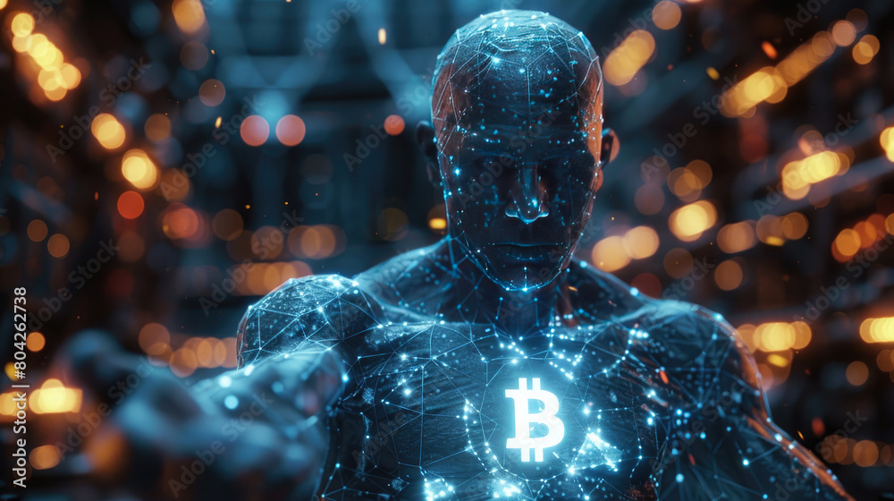 A glowing blue circuit board man with a Bitcoin symbol in his chest. A glowing blue circuit board man with a Bitcoin symbol in his chest.