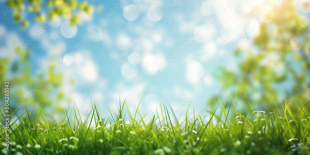 Fresh green grass against a vibrant blue sky with clouds. Springtime growth and renewal concept. Banner with copy space for environmental awareness campaign.