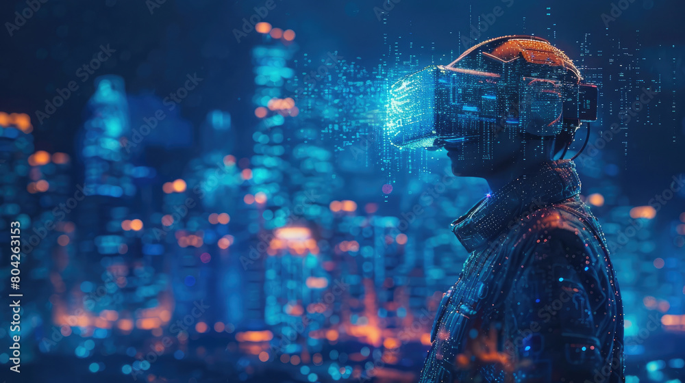 A man wearing a virtual reality headset stands in a futuristic city. A man wearing a virtual reality headset stands in a futuristic city.