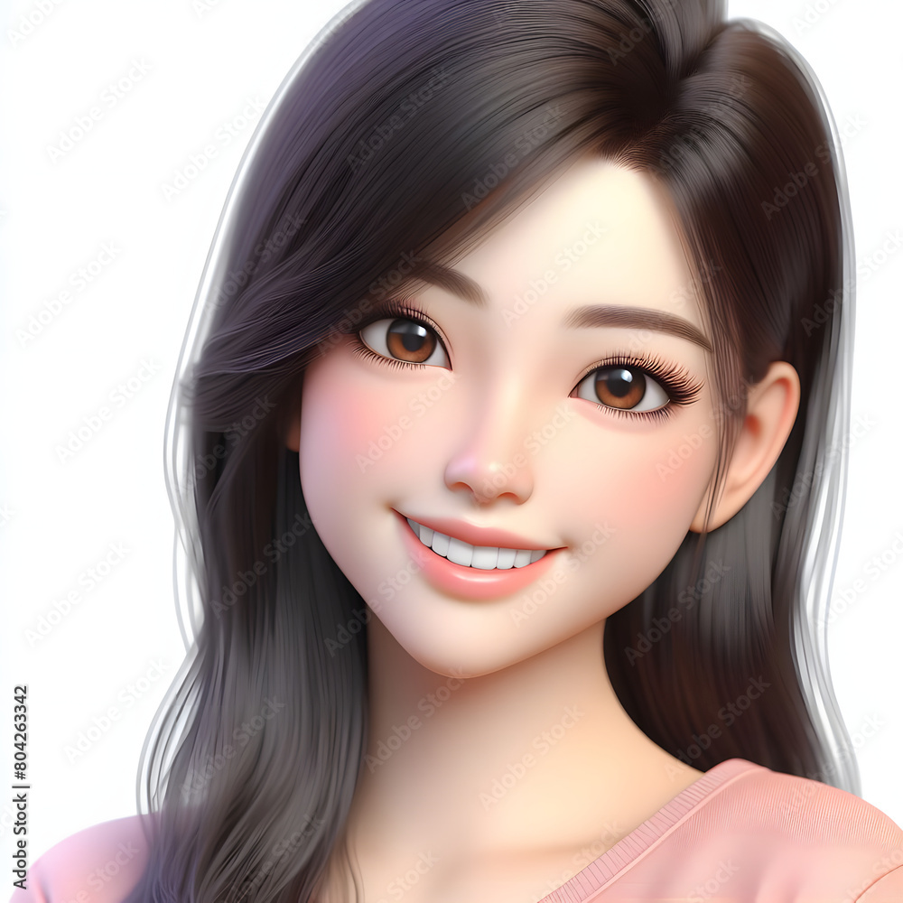 Obraz premium Happy Asian cartoon character girl, young woman portrait, female, happy mood, feeling expression concept, beautiful eyes, 3d style, isolated on a white background