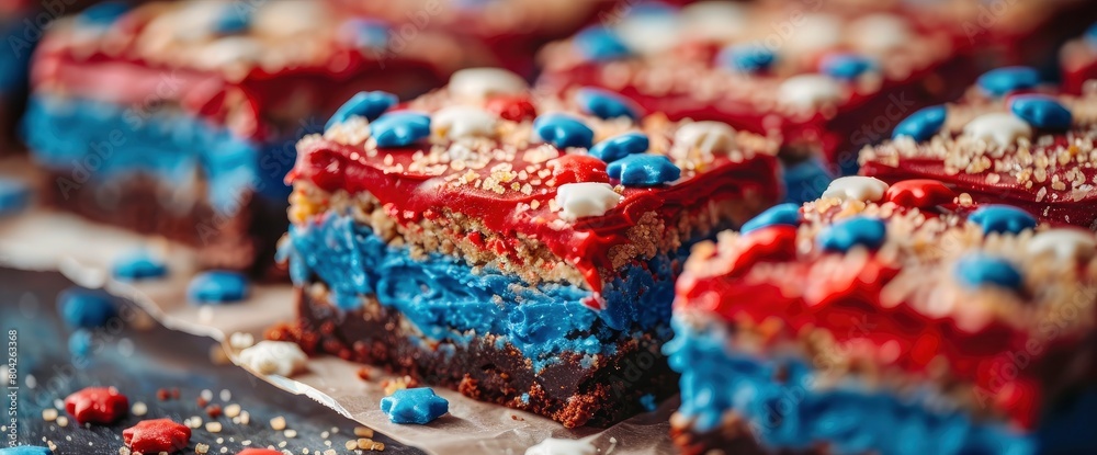 Patriotic cookie bars layered with red and blue frosting , professional photography and light
