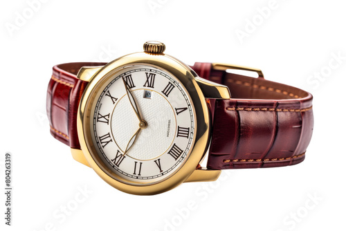 Timeless Elegance: A Gold Watch With Roman Numerals and a Red Leather Strap. On a White or Clear Surface PNG Transparent Background.