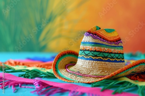 Colorful straw sombrero on a turquoise pink surface with an orange background, embodying the festive Mexican culture. Banner