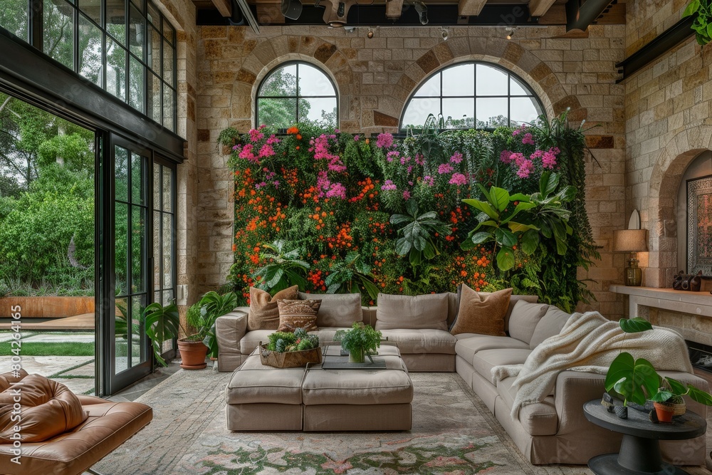 A living room filled with various types of plants covering a large wall, creating a green and lively atmosphere