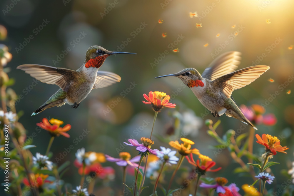 Naklejka premium A tranquil pollinator garden with various hummingbirds hovering over wildflowers. AI generated.