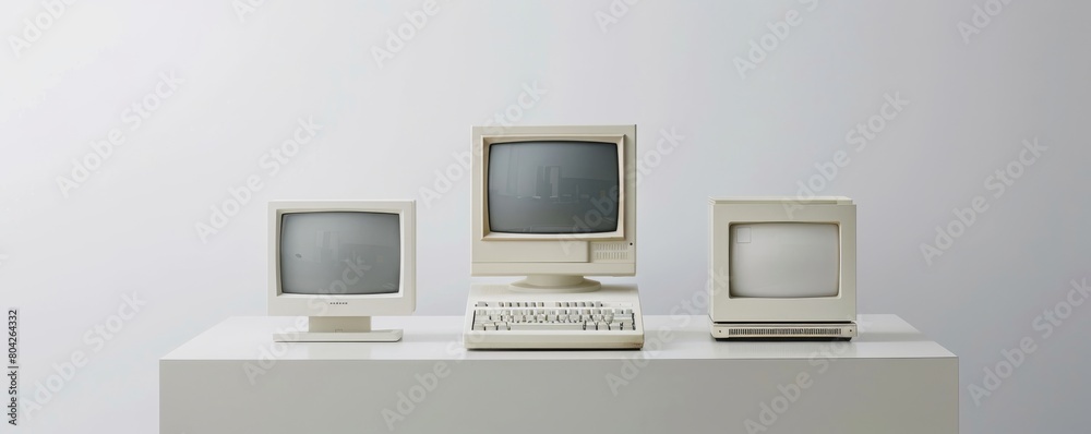 Legacy computer systems showcased in a white minimalist studio highlighting retro elegance Legacy computer systems showcased in a white minimalist studio highlighting retro elegance