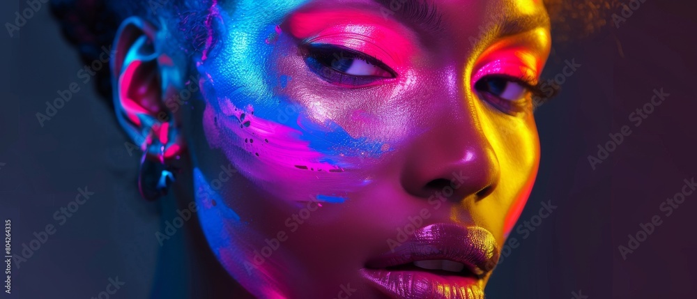 This innovative beauty advertising shoot features a talented model, contrasting her neon-painted body and face against a stunning dark backdrop creating a visually stunning close-up image